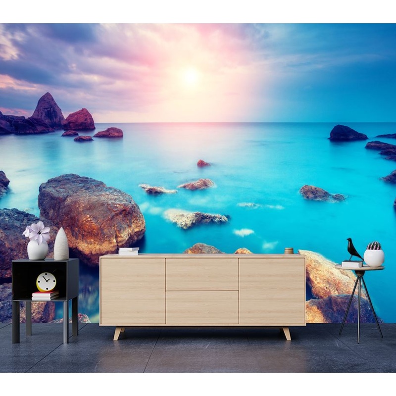 Wallpaper Murals Peel and Stick Removable Stunning Beach with Rocks at Sunrise High Quality