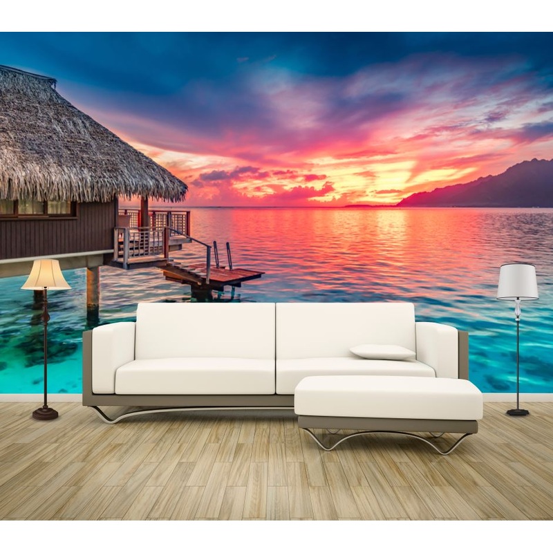 Wallpaper Murals Peel and Stick Removable Stunning Colorful Sunset Sky on the Horizon of Moorea, The South Pacific Ocean High Quality