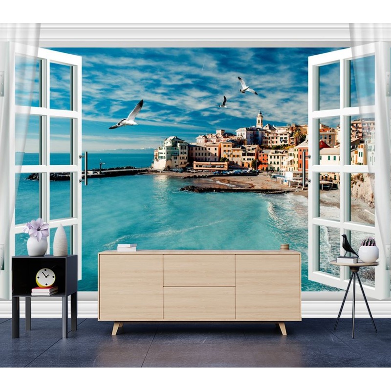 Wallpaper Murals Peel and Stick Removable View of The City Beautiful Sea & Birds from Window High Quality