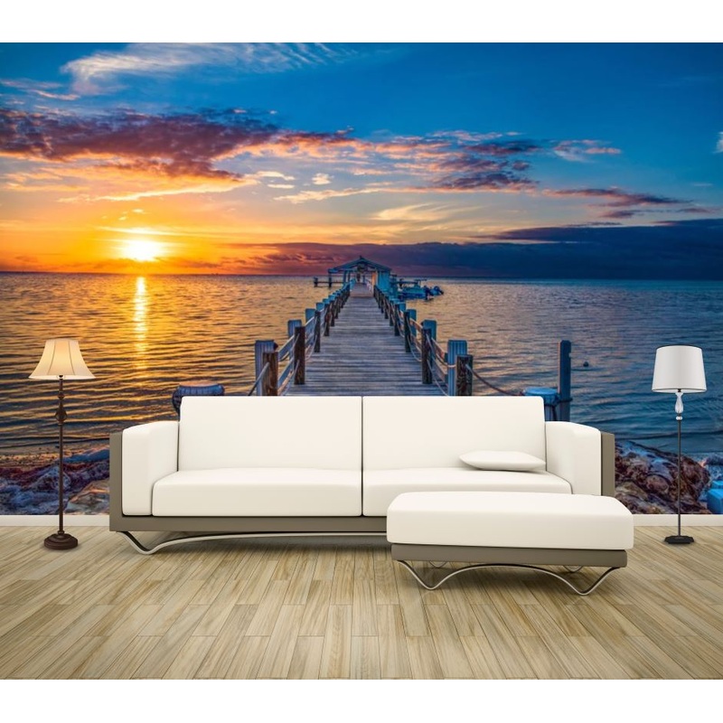 Wallpaper Murals Peel and Stick Removable Wooden Bridge Over Beach at Sunset Photograph High Quality