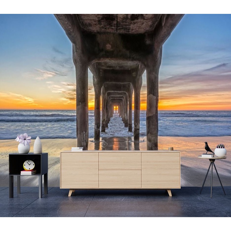 Wallpaper Murals Peel and Stick Removable Wooden Bridge Over Beach in Sunset Photograph High Quality
