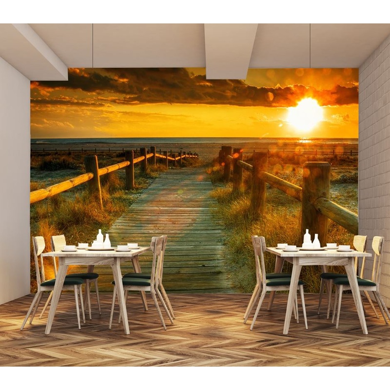 Wallpaper Murals Peel and Stick Removable Wooden Path to Beach at Sunset Photograph High Quality