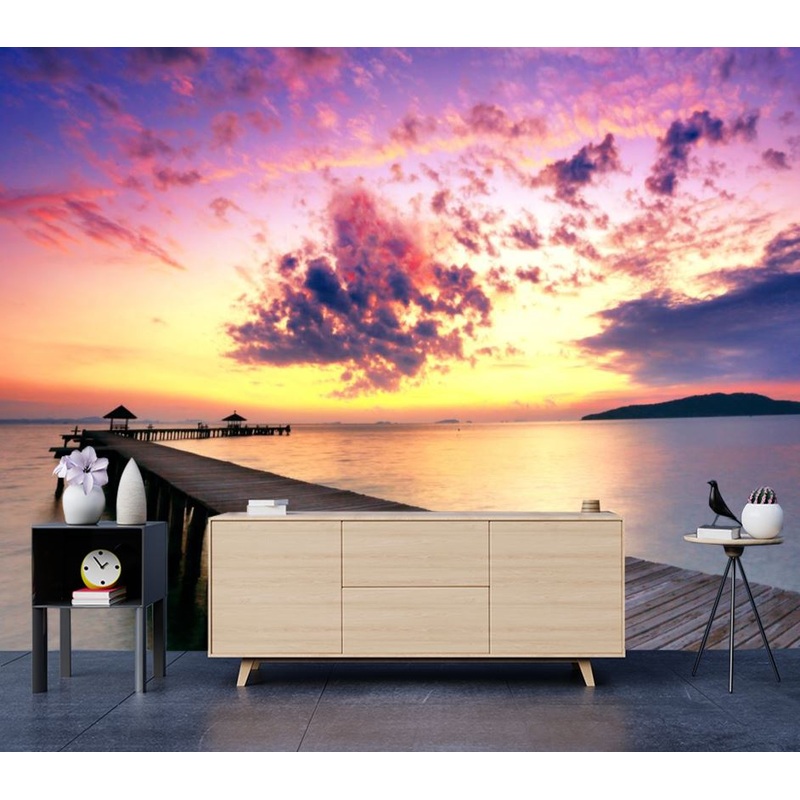 Wallpaper Murals Peel and Stick Removable Wooden Pier Over a Lake at Sunset High Quality