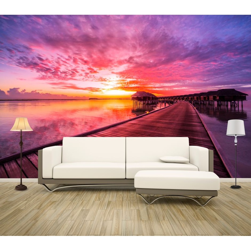 Wallpaper Murals Peel and Stick Removable Wooden Pier Over Beach at Sunset High Quality