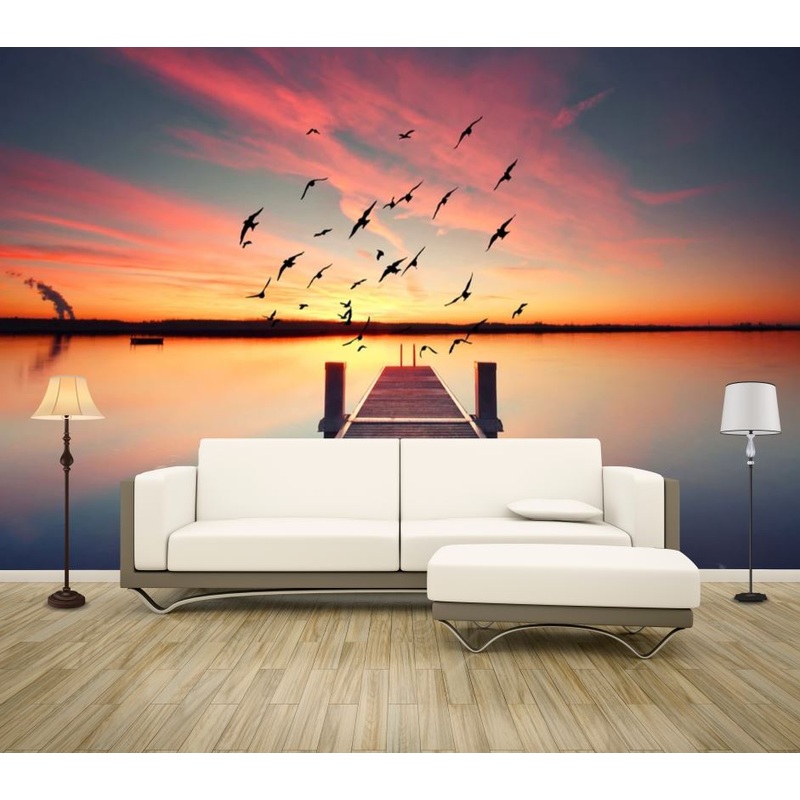 Wallpaper Murals Peel and Stick Removable Wooden Pier Over Beach at Sunset with Flying Birds Photograph High Quality