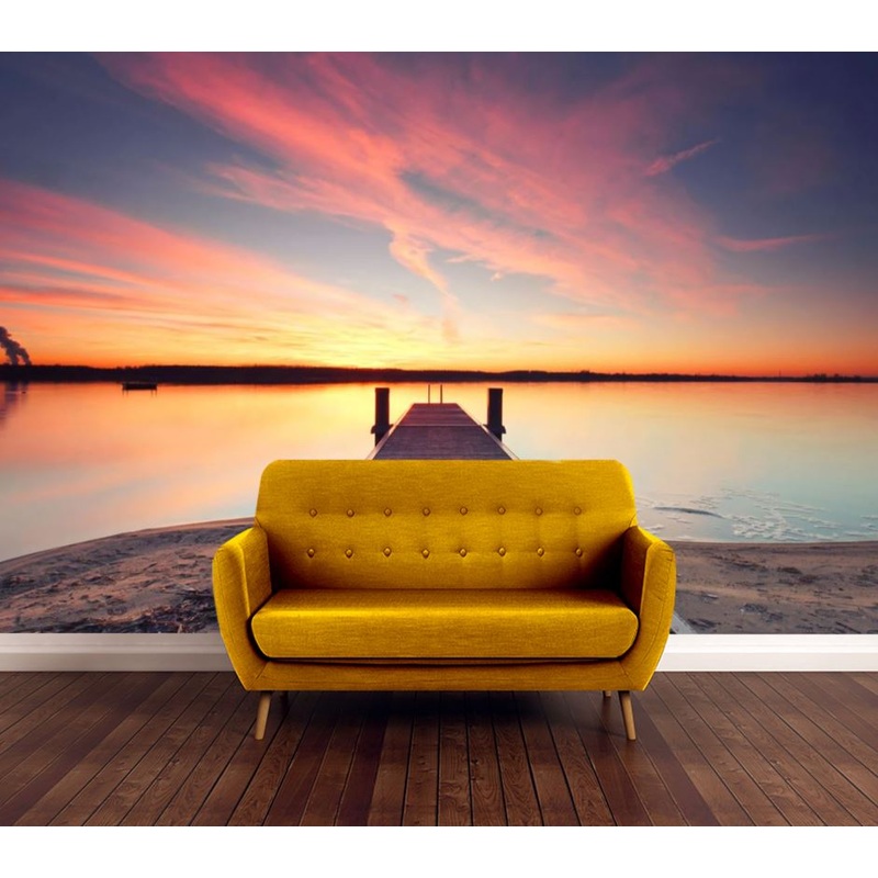 Wallpaper Murals Peel and Stick Removable Wooden Pier Over Lake at Sunset High Quality
