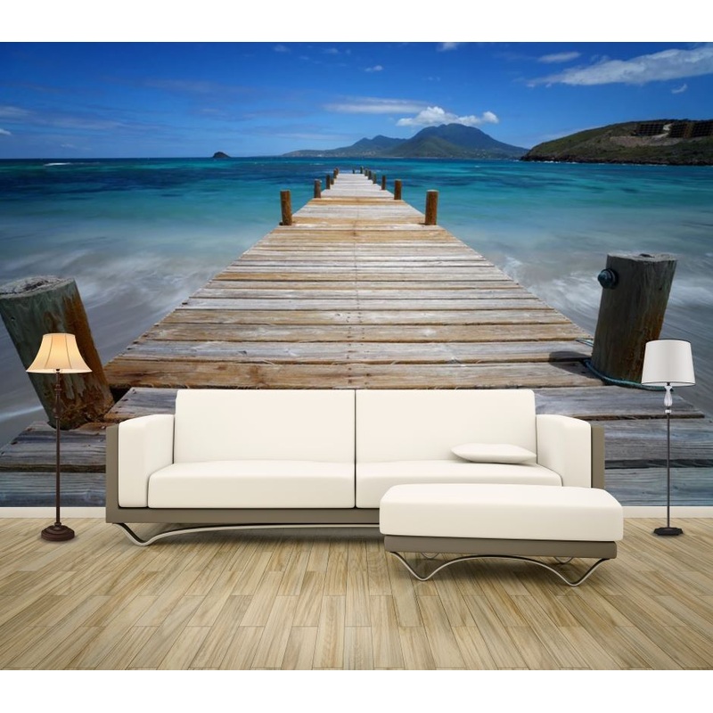 Wallpaper Murals Peel and Stick Removable Wooden Pier Over Stunning Beach Photograph High Quality