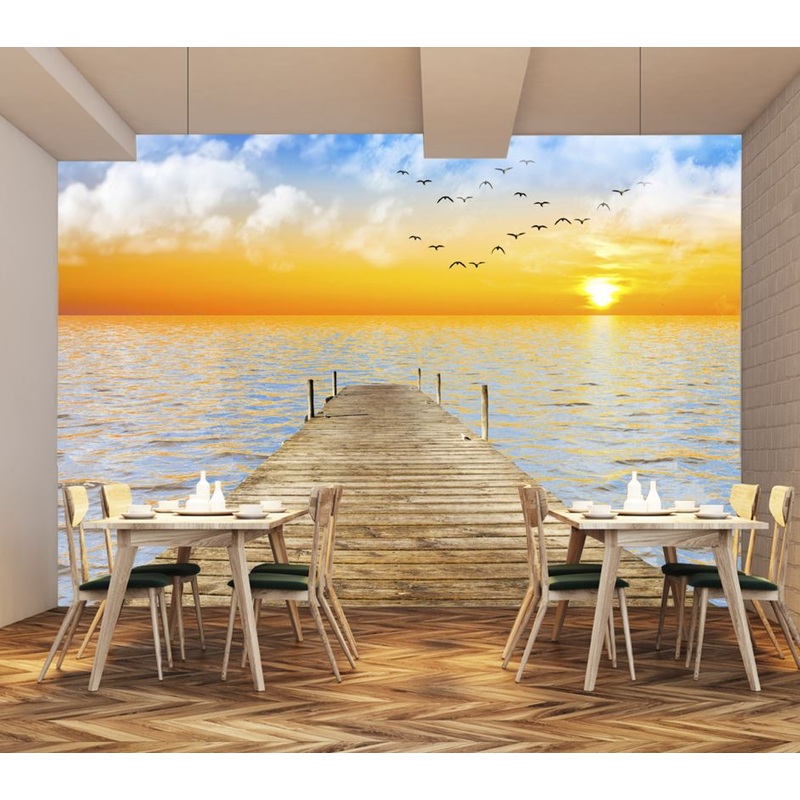 Wallpaper Murals Peel and Stick Removable Wooden Pier Over the Beach at Sunset High Quality
