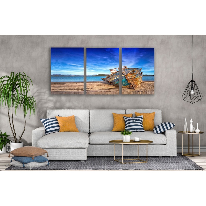 3 Set of Old Boat on Beach Photograph High Quality Print 100% Australian Made Wall Canvas Ready to Hang
