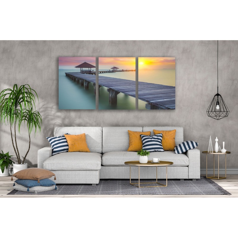 3 Set of Wooden Pier Over Beach Sunset Photograph High Quality Print 100% Australian Made Wall Canvas Ready to Hang