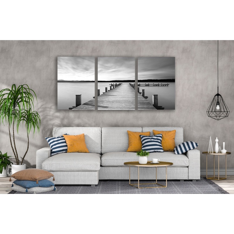 3 Set of Wooden Pier Over Beach View B&W Photograph High Quality Print 100% Australian Made Wall Canvas Ready to Hang