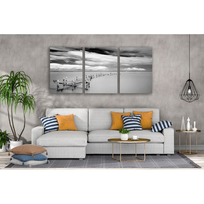 3 Set of Wooden Pier Ruins Over Beach B&W Photograph High Quality Print 100% Australian Made Wall Canvas Ready to Hang