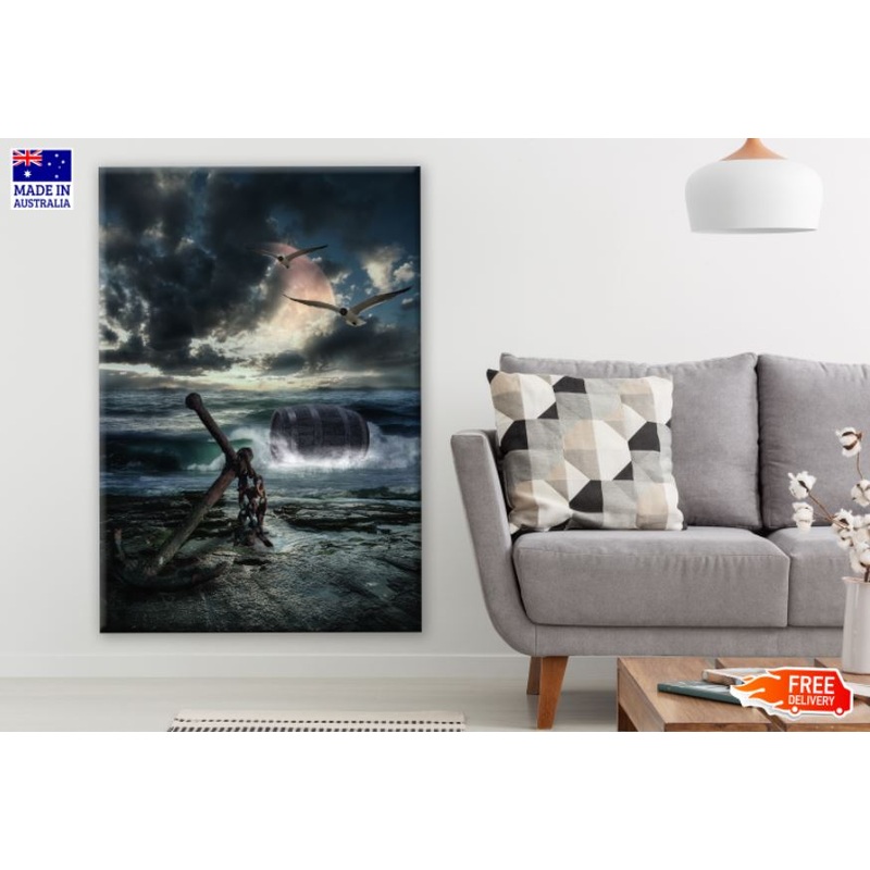 Anchor & Barrel on Sea Night View Scenery Print 100% Australian Made
