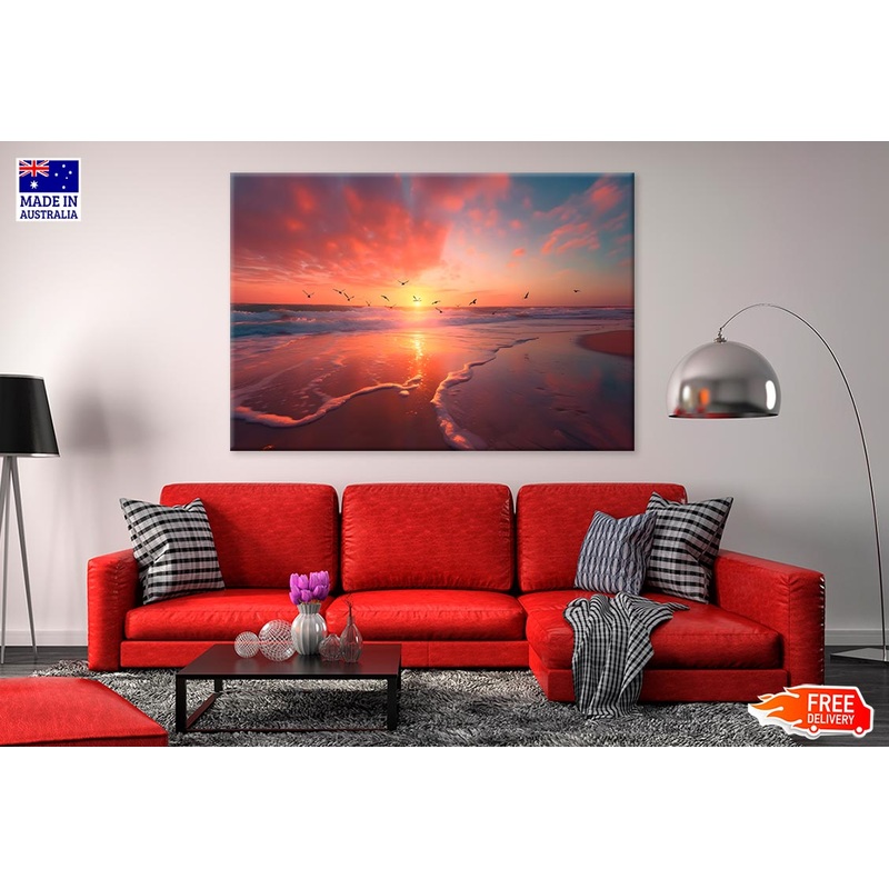Beach Scene With Colorful Sunset Print 100% Australian Made