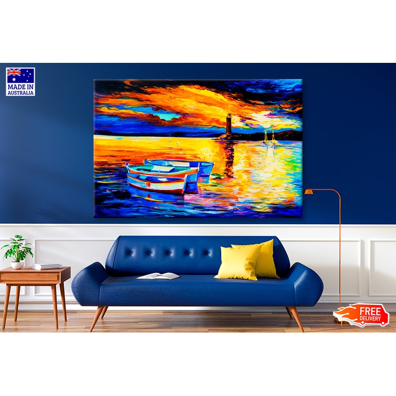 Beautiful Sunset and Boats Oil Painting Wall Art Limited Edition High Quality Print