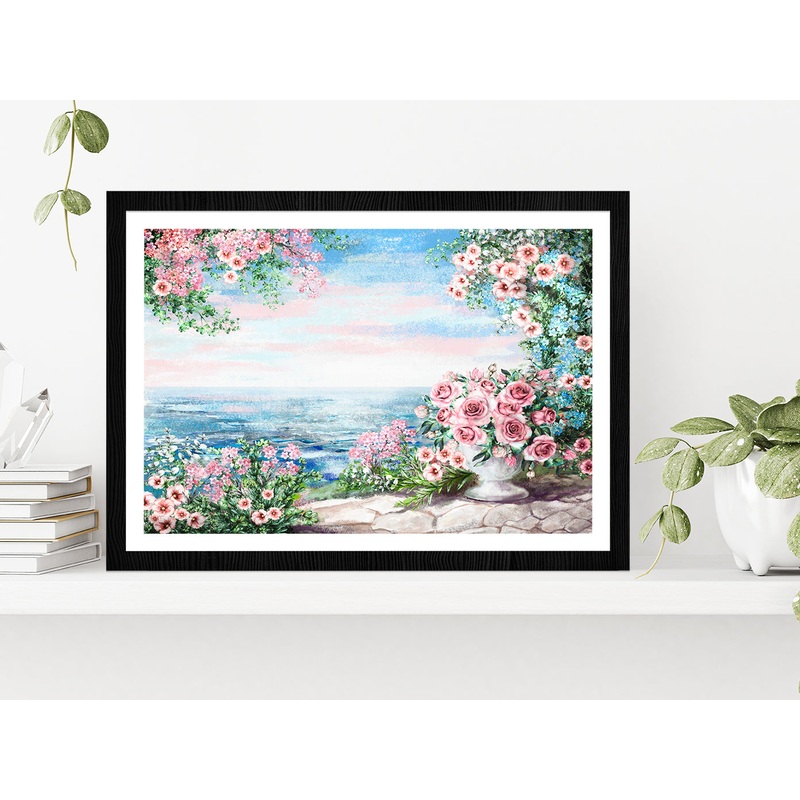 Blue Sea, Pink Flower Rose In Vase & Leaf View On Ocean Glass Framed Wall Art, Ready to Hang Quality Print