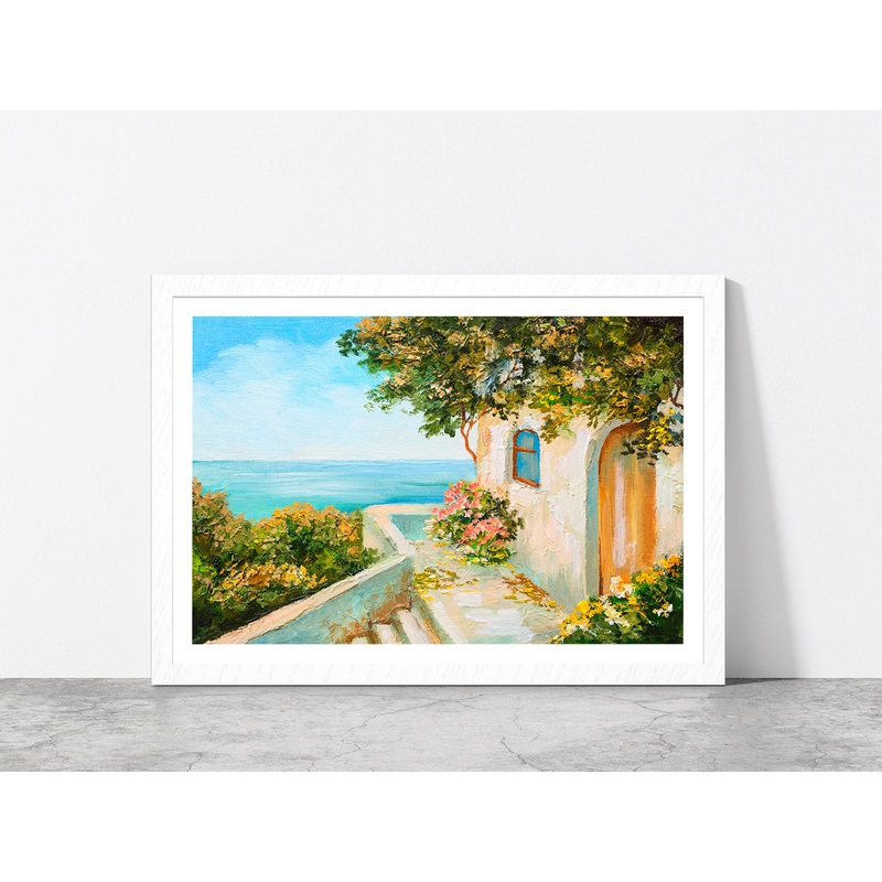 Summer Day House Near The Sea Glass Framed Wall Art, Ready to Hang Quality Print