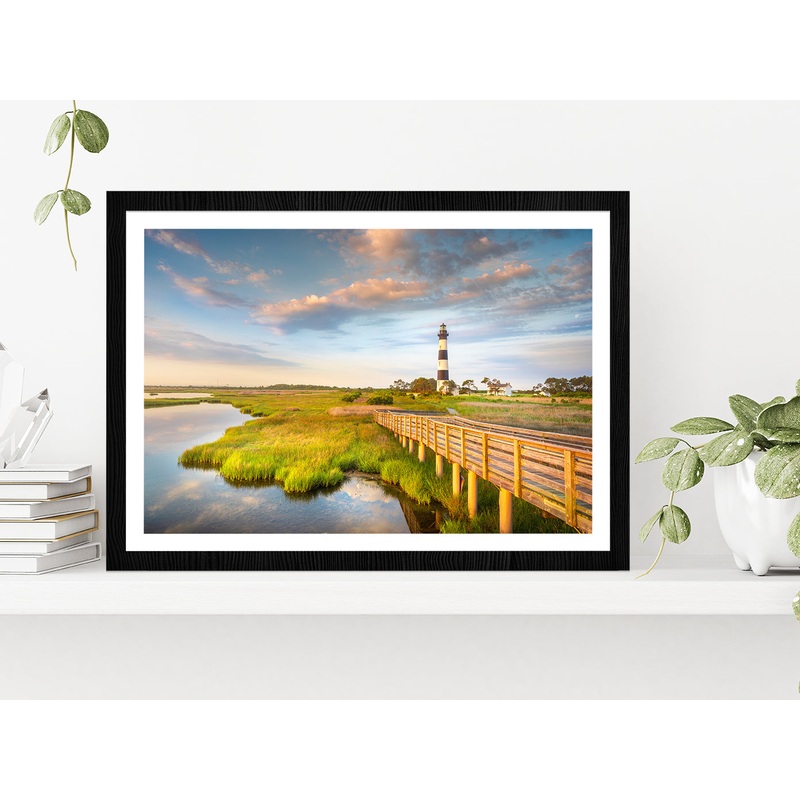 Sunrise Bodie Island Lighthouse Glass Framed Wall Art, Ready to Hang Quality Print