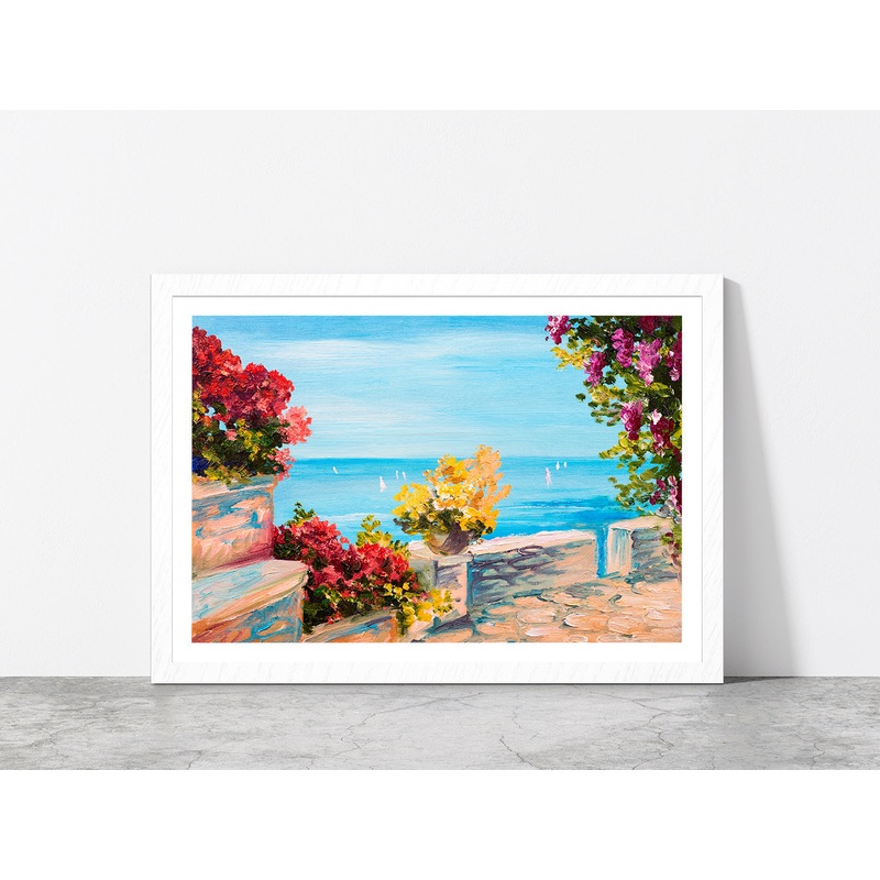 Terrace Near The Sea & Flowers  Glass Framed Wall Art, Ready to Hang Quality Print