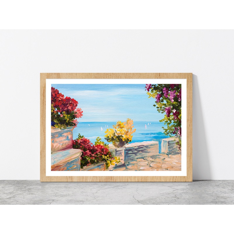 Terrace Near The Sea With Flowers Garden Glass Framed Wall Art, Ready to Hang Quality Print