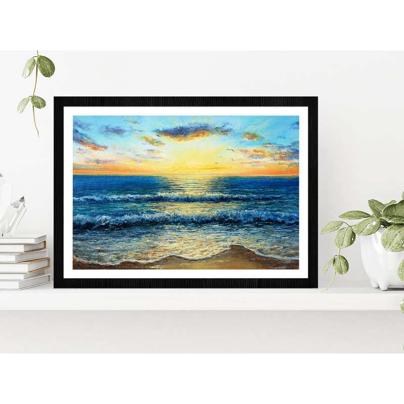 Waves In Sea & Sunset Over The Beach Glass Framed Wall Art, Ready to Hang Quality Print
