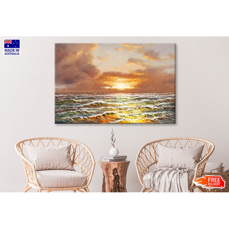 Waves on the Sea & Sunset Sky Oil Painting Wall Art Limited Edition High Quality Print