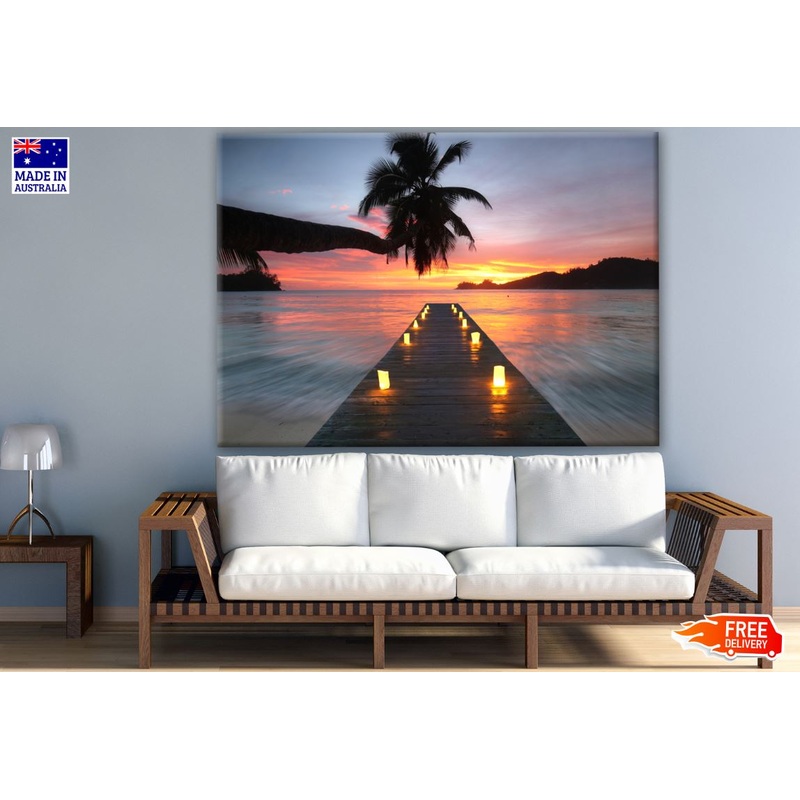 Wooden Pier with Candles Over Beach Photograph Print 100% Australian Made