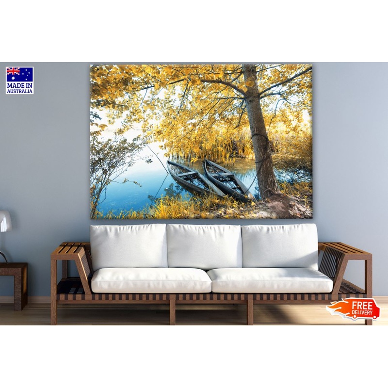 Yellow Leafy Tree Forest & Boat on Lake Photograph Print 100% Australian Made