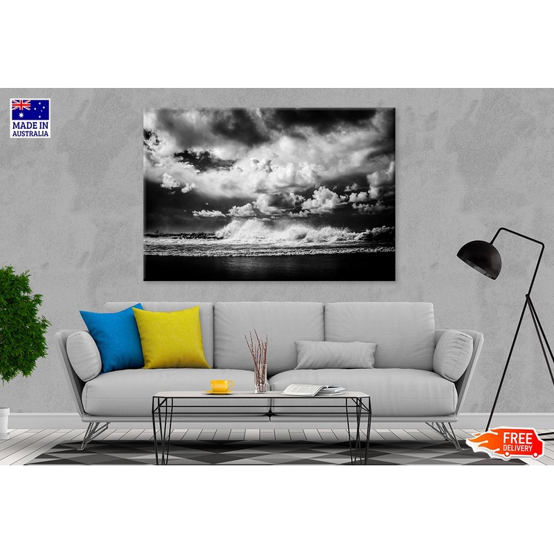 Beach On Waves & Cloudy Sky B&W Print 100% Australian Made