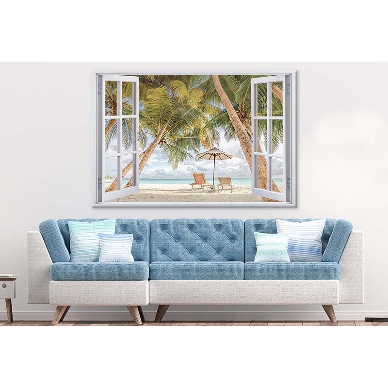 Beach Scenery Palms and Sun Beds with Window Print 100% Australian Made