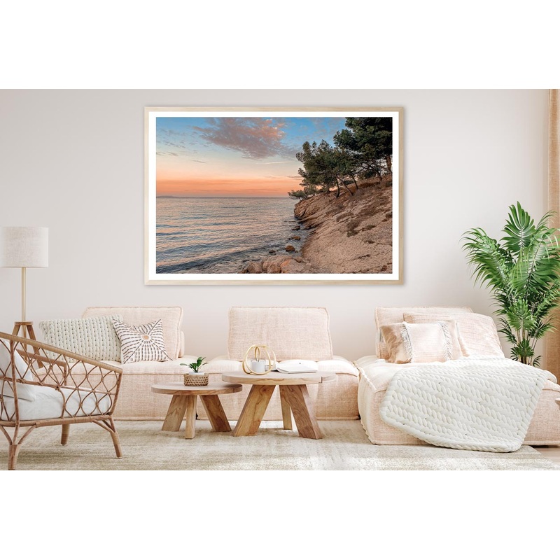 Sunset At the Sea on A Rocky Coast with Pine Trees Home Decor Premium Quality Poster Print Choose Your Sizes