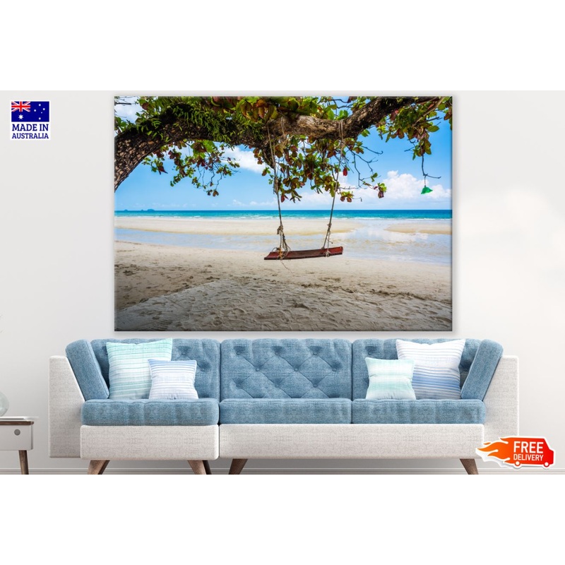 Swing on Tree at Sea Shore View Print 100% Australian Made