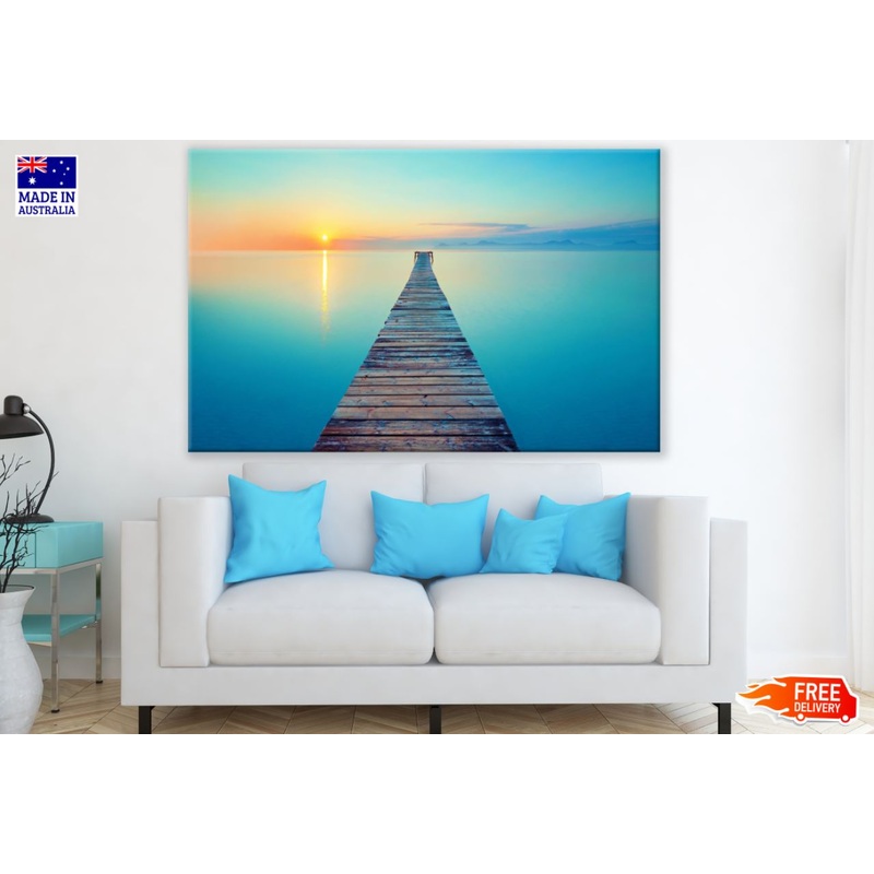 Wooden Pier Over Lake Sunset View Print 100% Australian Made