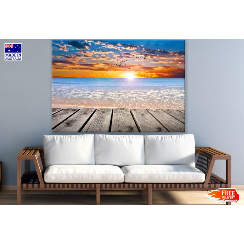 Wooden Pier Over Sea Sunset View Print 100% Australian Made