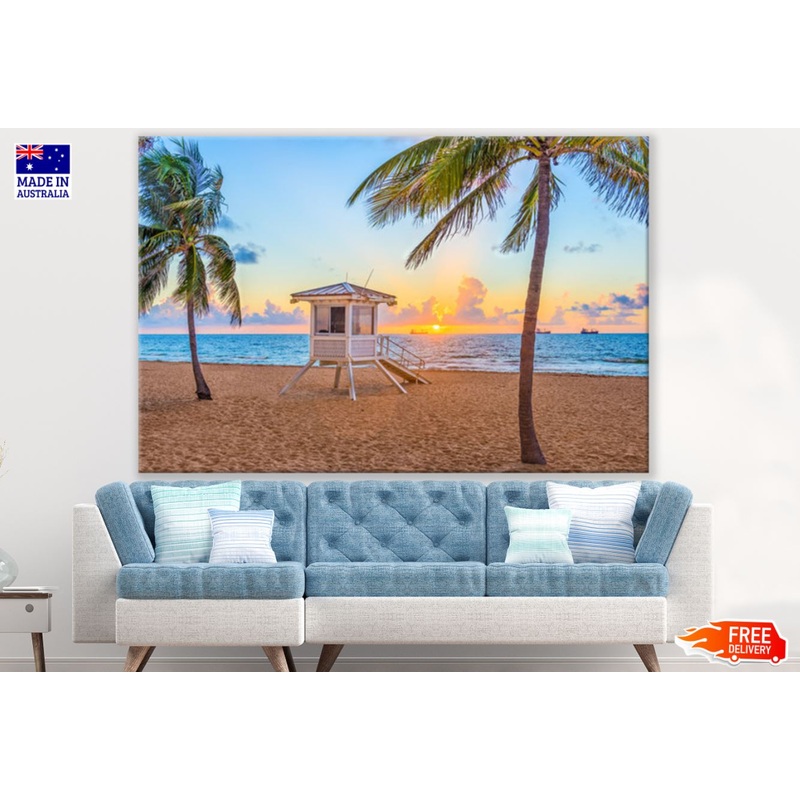 Beach Hut & Palm Trees Sunset Print 100% Australian Made