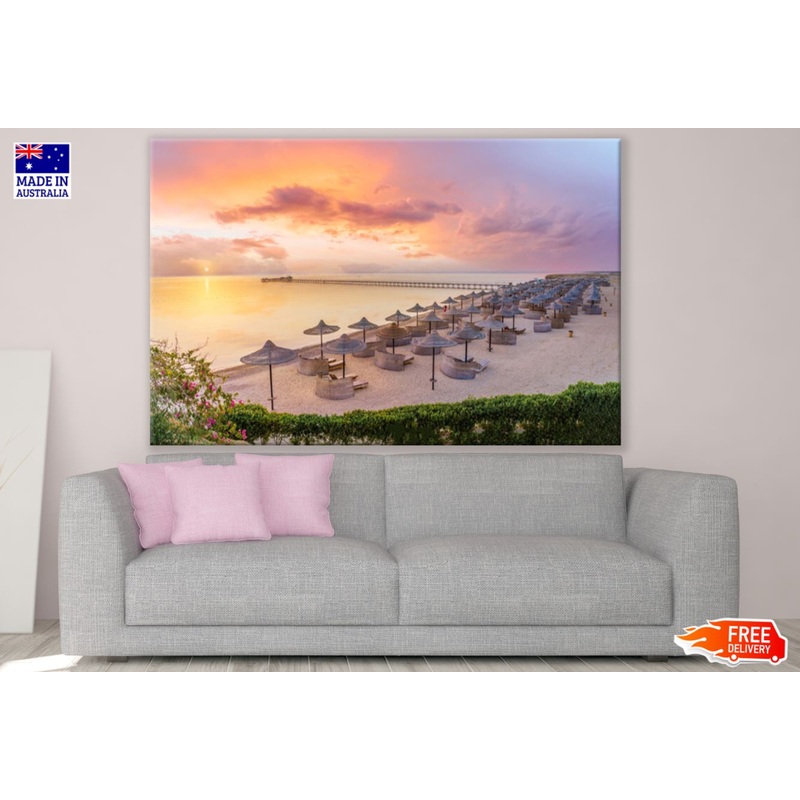 Beach Huts on Sea Shore Sunset Print 100% Australian Made