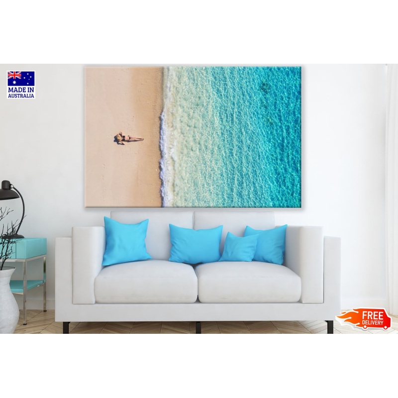 Bikini Girl on Sea Shore Aerial Print 100% Australian Made