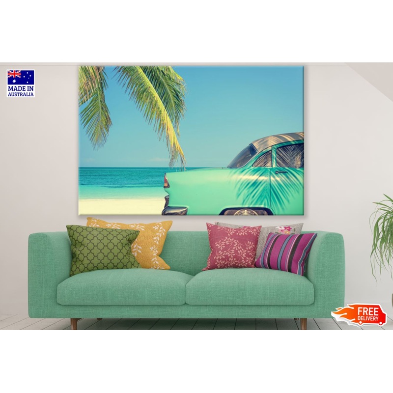 Blue Vintage Car near Sea Print 100% Australian Made