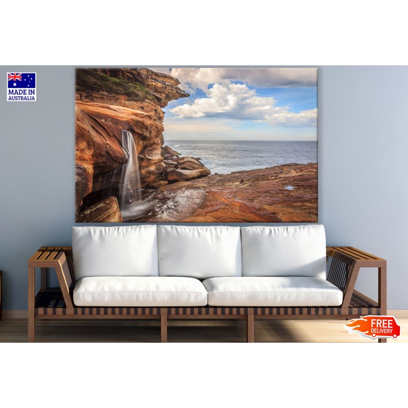 Waterfall Near Sea Scenery View Print 100% Australian Made