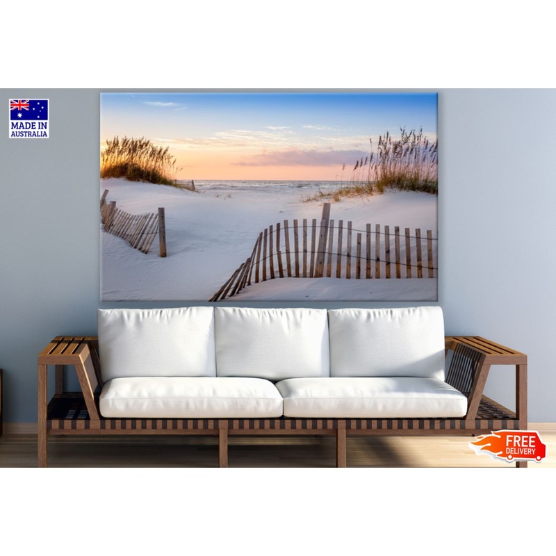 Wooden Fence on Sea Shore Sunset Print 100% Australian Made