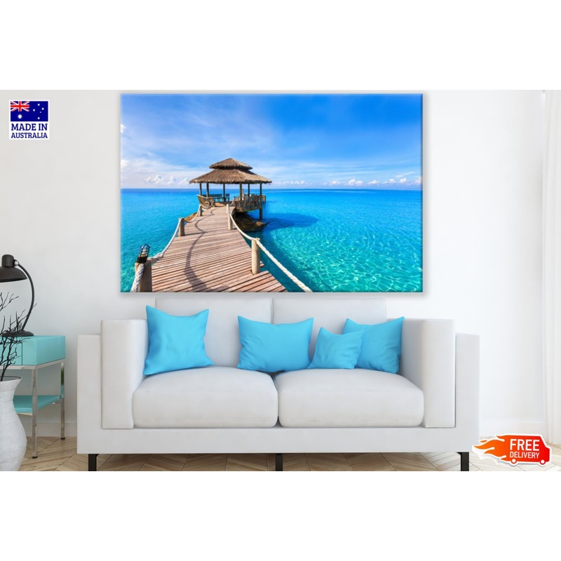 Wooden Pier & Hut  Over Sea View Print 100% Australian Made