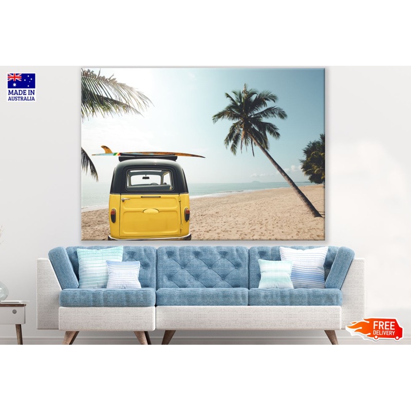 Yellow Mini Van Near Sea View Print 100% Australian Made
