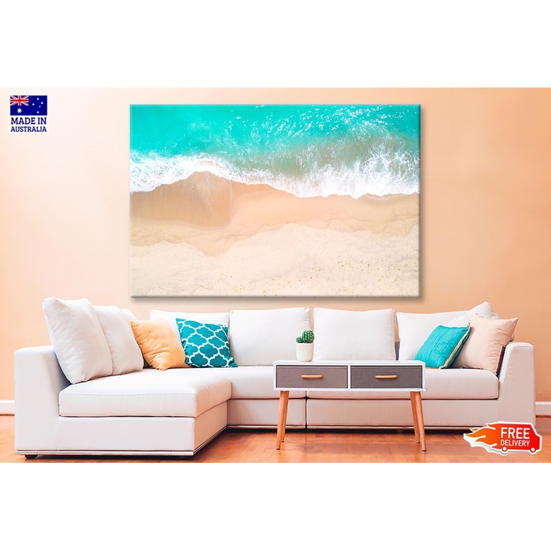 Aerial View Of Sandy Beach and Ocean with Waves  Wall Art Decor 100% Australian Made