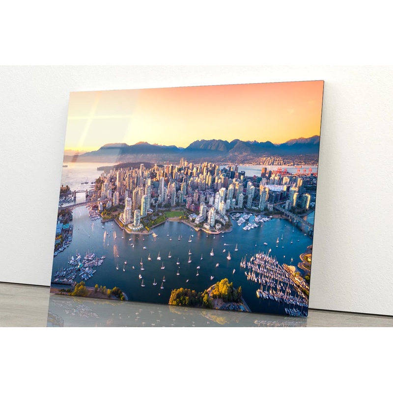 Beautiful Aerial View of Downtown Vancouver Skyline, British Columbia, Canada at Sunset Acrylic Glass Print Tempered Glass Wall Art 100% Made in Australia Ready to Hang