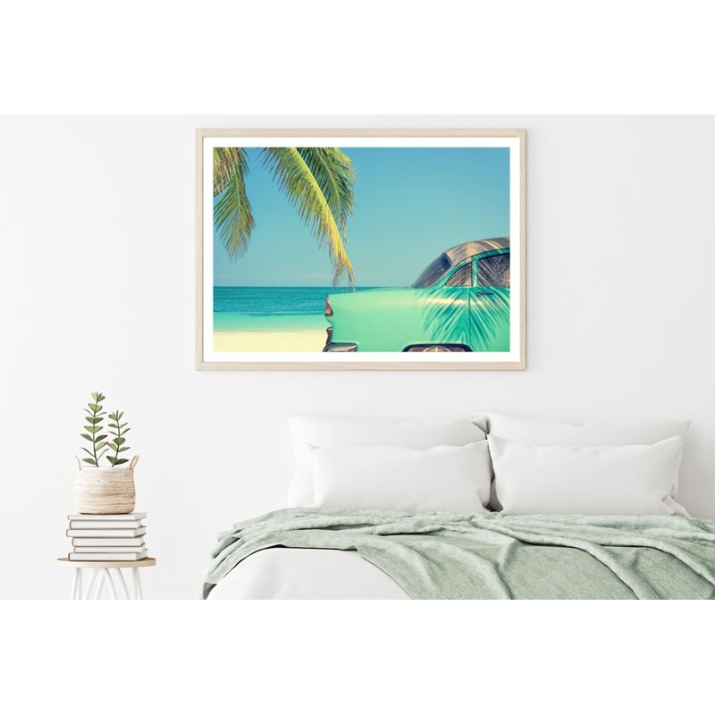 Blue Vintage Car near Sea Home Decor Premium Quality Poster Print Choose Your Sizes