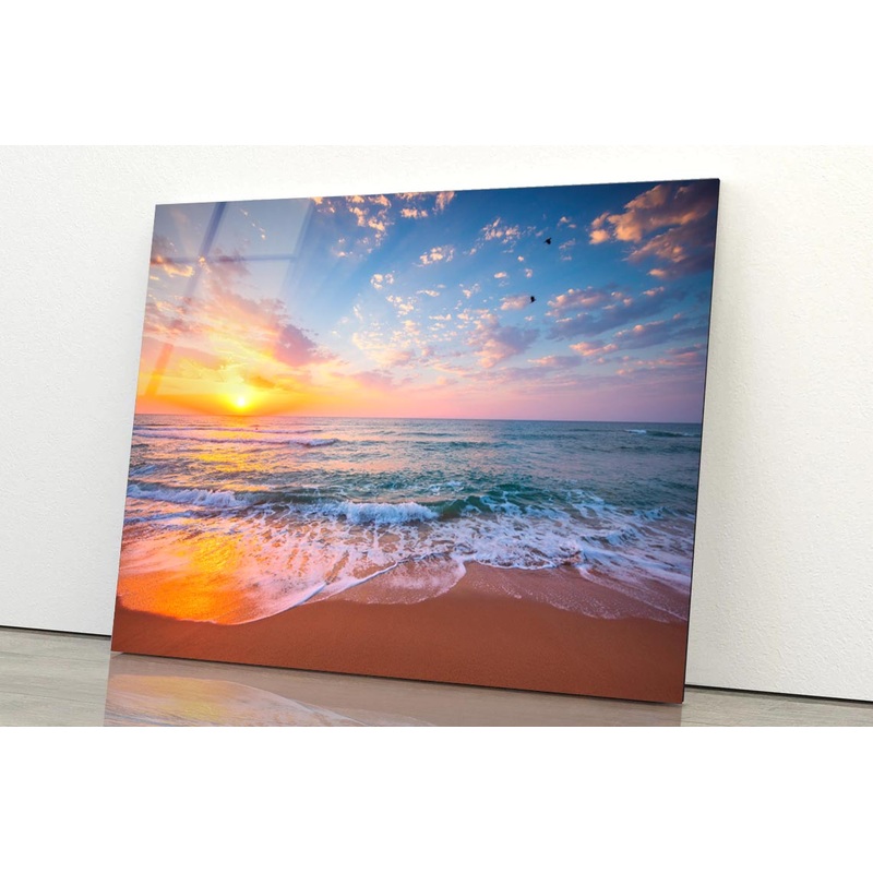 Tropical Color Island Beach Sunrise with Splashing Waves on The Sea Sand Acrylic Glass Print Tempered Glass Wall Art 100% Made in Australia Ready to Hang