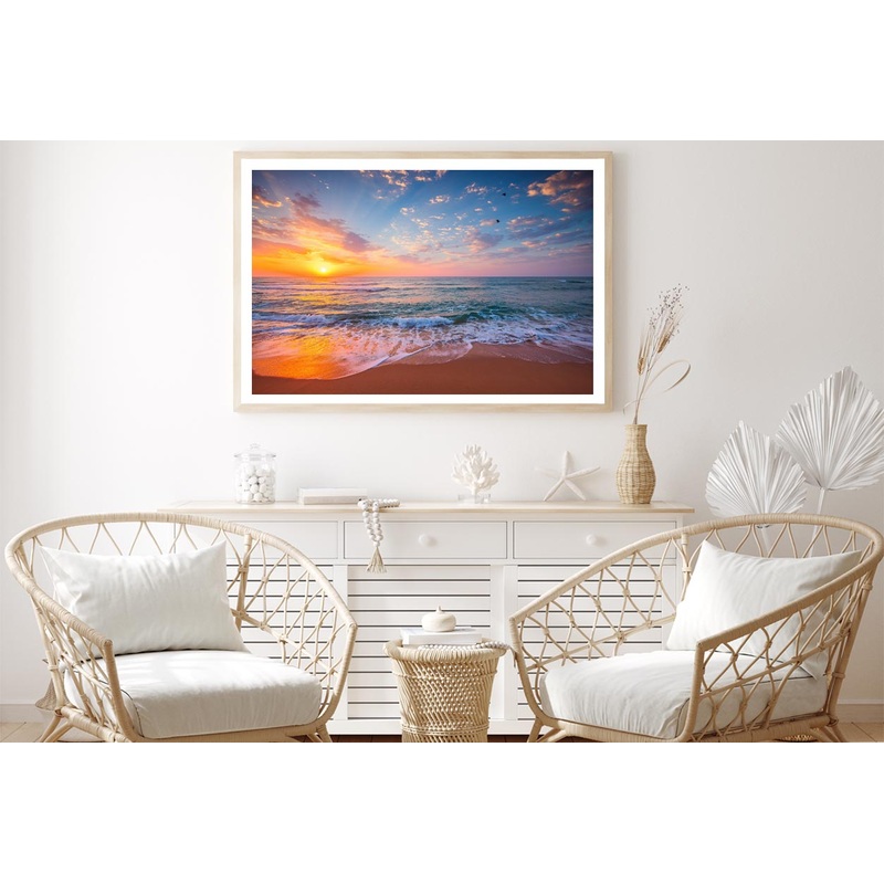 Tropical Color Island Beach Sunrise with Splashing Waves on The Sea Sand Home Decor Premium Quality Poster Print Choose Your Sizes
