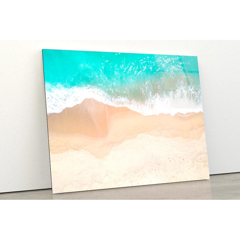 Aerial View Of Sandy Beach and Ocean with Waves Acrylic Glass Print Tempered Glass Wall Art 100% Made in Australia Ready to Hang