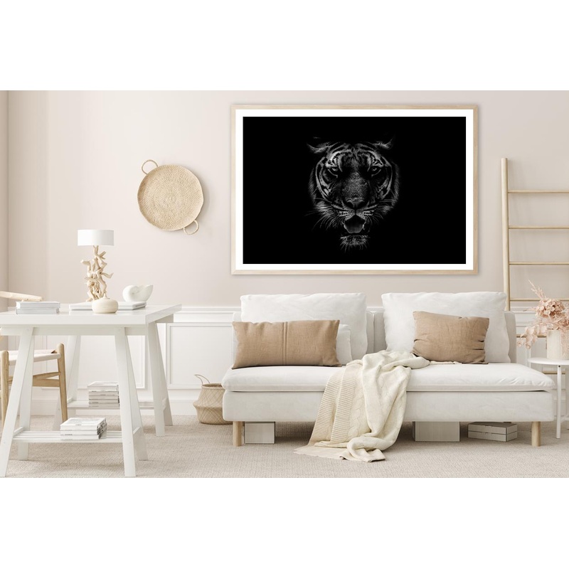 Black & White Beautiful Tiger on Black Home Decor Premium Quality Poster Print Choose Your Sizes