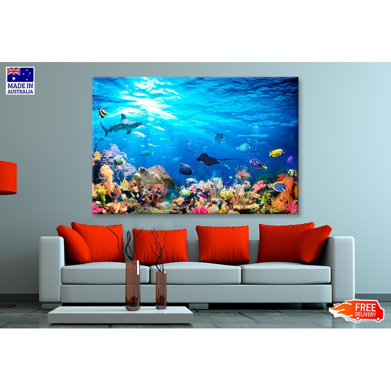 Underwater Scene with Coral Reef and Exotic Fishes Wall Art Decor 100% Australian Made